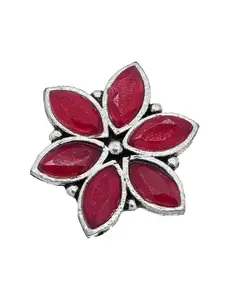 TEEJH Oxidised Silver-Toned & Red Adjustable Floral Finger Ring