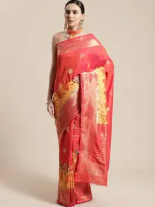 Saree mall Peach-Coloured & Yellow Floral Silk Blend Sarees