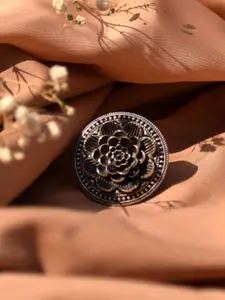TEEJH Oxidised Silver-Toned Floral Adjustable Finger Ring