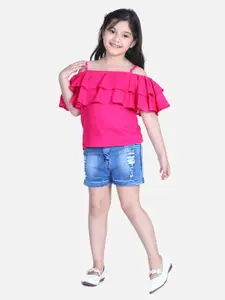 StyleStone Girls Pink & Blue Top with Shorts
