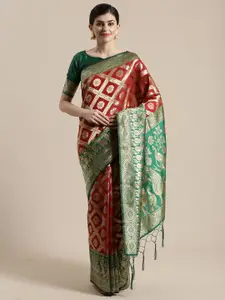 Saree mall Green & Red Woven Design Silk Blend Sarees