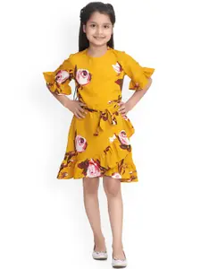 StyleStone Girls Mustard Yellow & Pink Floral Printed Crepe Ruffled Fit & Flare Dress