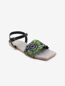 Gibelle Women Green Printed Open Toe Flats with Buckles