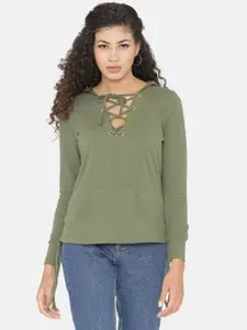 Yaadleen Women Olive Green Cotton Hooded Pullover Sweatshirt