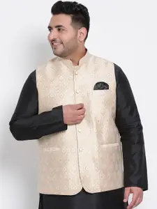 hangup trend Men Off White & Beige Woven Design Nehru Jacket