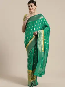 Saree mall Green & Yellow Floral Zari Silk Blend Sarees