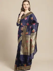Saree mall Navy Blue & Red Floral Zari Silk Blend Sarees