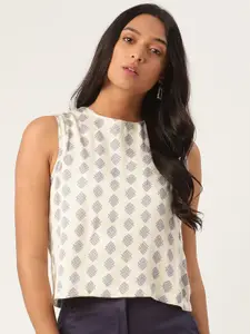 ROOTED Beige Printed Boat Neck Crop Sleeveless Top