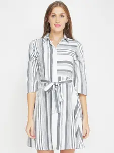 Oxolloxo Women White & Grey Striped Crepe Shirt Dress