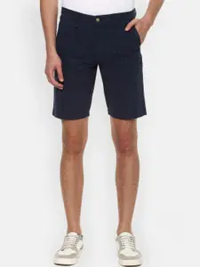 Louis Philippe Sport Men Navy Blue Checked Printed Slim Fit Mid-Rise Denim Shorts