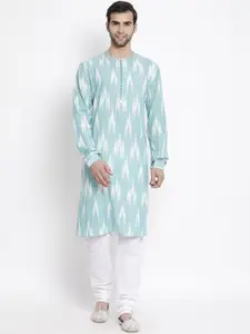 VASTRAMAY Men Green & White Ikat Handloom Staright Kurta with Churidar