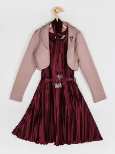 Peppermint Maroon Girls Satin Dress With Contrast Embellished Jacket & Maroon Scarf Set
