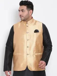 Hangup Men Gold-Colored Woven Design Nehru Jacket