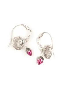 SHAYA Silver-Toned & Pink Contemporary Hoop Earrings