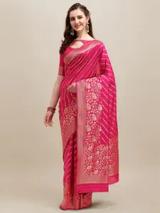 RAJGRANTH Pink & Gold-Toned Floral Zari Silk Cotton Ready to Wear Banarasi Saree