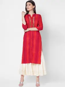 FASHOR Women Red Mirror work & Tie-Dye Printed Straight Kurta