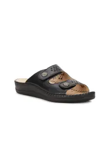 Scholl Women Black Leather Open Toe Flats