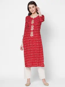 FASHOR Women Red Ethnic Motifs Screen Printed & Floral Embroidered Straight Kurta