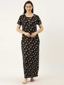 Bannos Swagger Black & White Floral Printed Maxi Nightdress