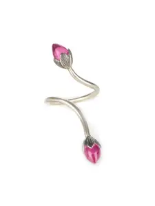 SHAYA Silver-Toned & Pink Sapphire Studded Lotus Open Finger Ring