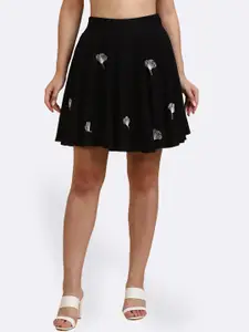 DEEBACO Women Black & White Embroidered Flared Mini Skirt