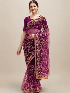 RAJGRANTH Purple & Pink Floral Beads and Stones Net Heavy Work Saree