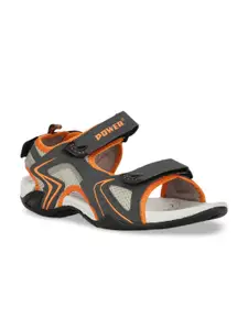 Power Men Charcoal Grey & Orange Solid Sports Sandals