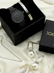 JOKER & WITCH Women Black & Silver-Toned Always Love You Love Stack Watch Gift Set JWLS142