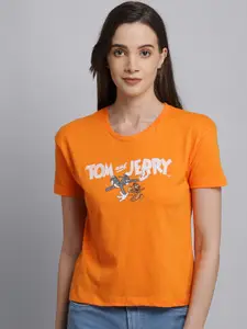 Free Authority Women Orange  Tom  Jerry Printed Pure Cotton T-shirt