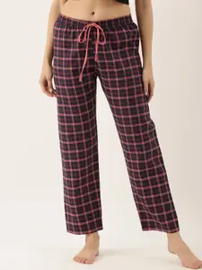 Bannos Swagger Women Navy Blue & Coral Red Checked Lounge Pants