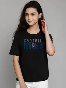 Free Authority Women Black Cotton Captain America Drop-Shoulder Sleeves Pure Cotton T-shirt