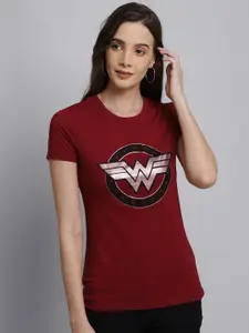 Free Authority Women Maroon Cotton Wonder Woman Featured Pure Cotton T-shirt