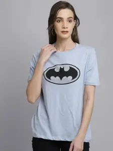 Free Authority Women Blue Cotton Batman Featured Drop-Shoulder Sleeves Pure Cotton T-shirt