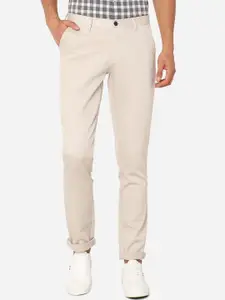 JADE BLUE Men Beige Slim Fit Pure Cotton Regular Trousers