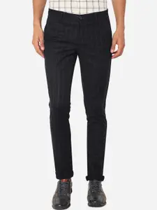 JADE BLUE Men Navy Blue Checked Slim Fit Pure Cotton Regular Trousers