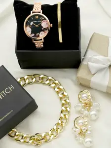 JOKER & WITCH Women Black & Gold-Toned Love Guaranteed Love Stack Watch Gift Set JWLS176