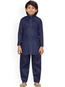 LITTLE MAFIA BY Aarika Boys Navy Blue Pleated Pure Cotton Kurta with Pyjamas