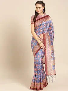 Saree mall Blue & Red Ethnic Motifs Silk Blend Sarees