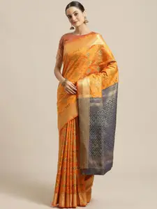 Saree mall Orange & Golden Ethnic Motifs Silk Blend Banarasi Sarees