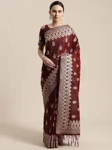 Saree mall Brown & Silver-Toned Woven Design Zari Silk Blend Sarees