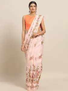 Saree mall Pink & Green Floral Linen Blend Sarees