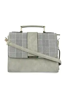 Bellissa Grey Checked Printed PU Oversized Structured Satchel with Applique