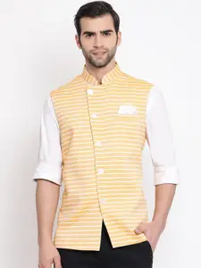 VASTRAMAY Men Yellow Striped Slim-Fit Nehru Jacket