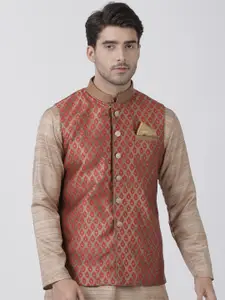 VASTRAMAY Men Gold & Red Woven Design Slim-Fit Nehru Jacket