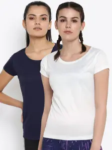 ScoldMe Women Pack Of 2 Navy Blue & White Slim Fit Round Neck Sports T-shirt