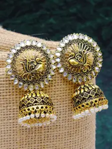 Crunchy Fashion White & Gold-Plated Floral Jhumkas Earrings
