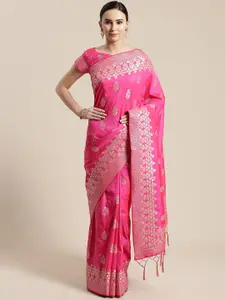 Saree mall Pink & Silver-Toned Floral Silk Blend Sarees