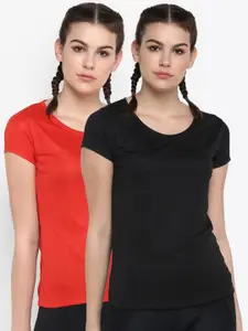 ScoldMe Women Pack Of 2 Red & Black Slim Fit Sports T-shirt