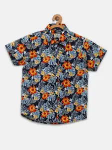 Pepe Jeans Boys Blue & Orange Floral Printed Pure Cotton Casual Shirt