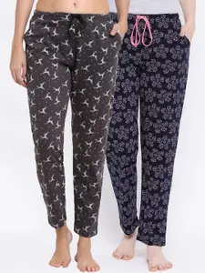 Kanvin Women Pack Of 2 Charcoal Coloured & Navy Blue Printed Pure Cotton Lounge Pants